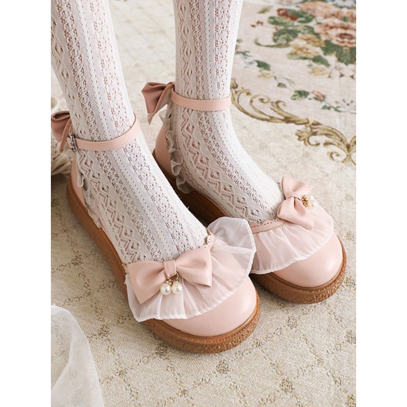 Sweet Lolita Sandals Round Toe PU Leather Bows Pink Lolita Summer Ankle Strap Heels Daily Casual