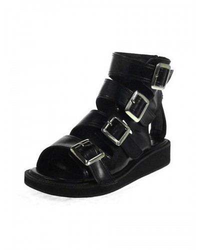 PU Leather Buckles Black Flat(<1quot;) Open Toe Lolita Sandals