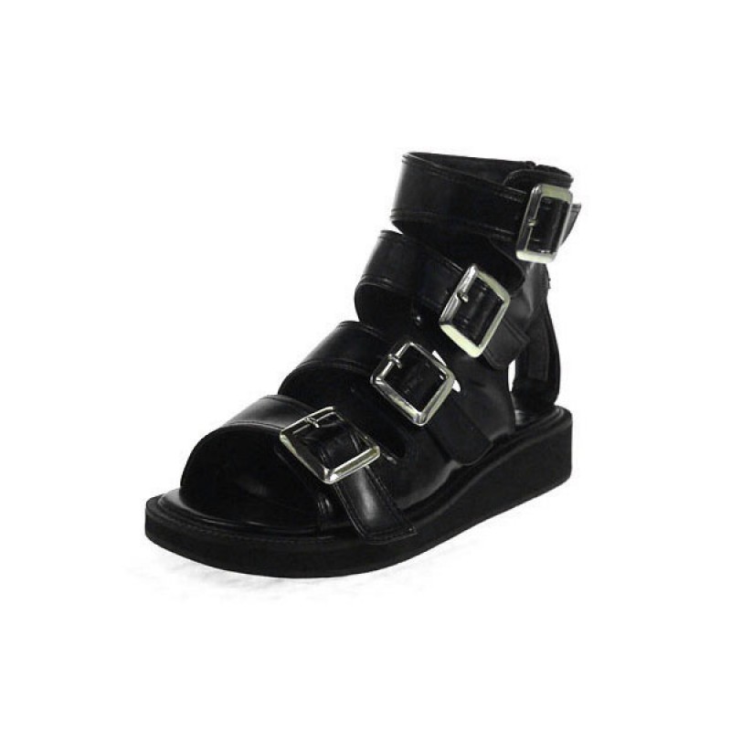 PU Leather Buckles Black Flat(<1quot;) Open Toe Lolita Sandals