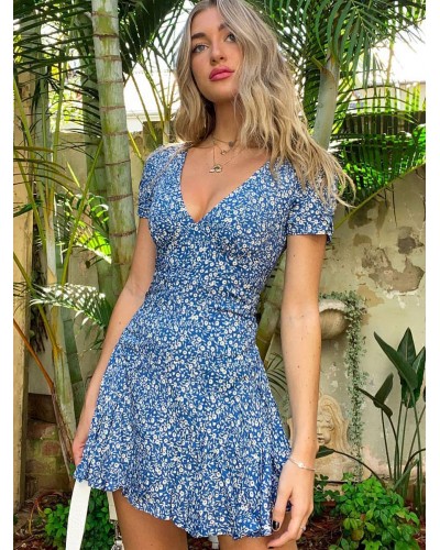 Boho Dress V-Neck Short Sleeves Floral Print Summer Midi Dress Bohemian Beach Resort Wear