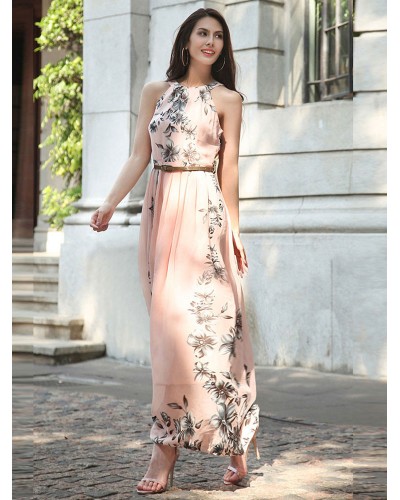 Summer Dress Floral Print Pink Long Beach Dress Elegant Dating