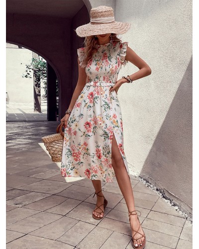 Women Print Midi Dress Floral Print Ruffles Jewel Neck Sleeveless Front Slit Casual Dress Summer