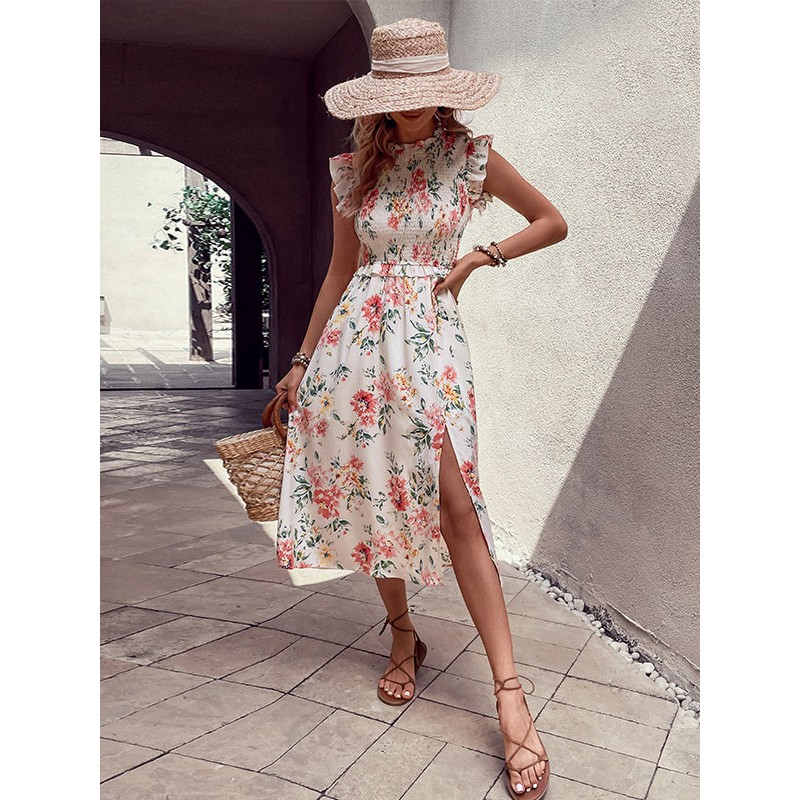 Women Print Midi Dress Floral Print Ruffles Jewel Neck Sleeveless Front Slit Casual Dress Summer