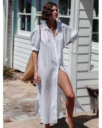 Women White Buttons Turndown Collar Half Sleeves Low-slit Sexy Swimming Suits Cover Ups Summer