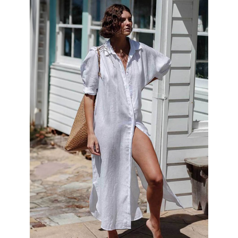 Women White Buttons Turndown Collar Half Sleeves Low-slit Sexy Swimming Suits Cover Ups Summer