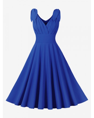 Vintage Dress 1950s Audrey Hepburn Style Blue Sleeveless V-Neck Swing Dress Bodycon Summer