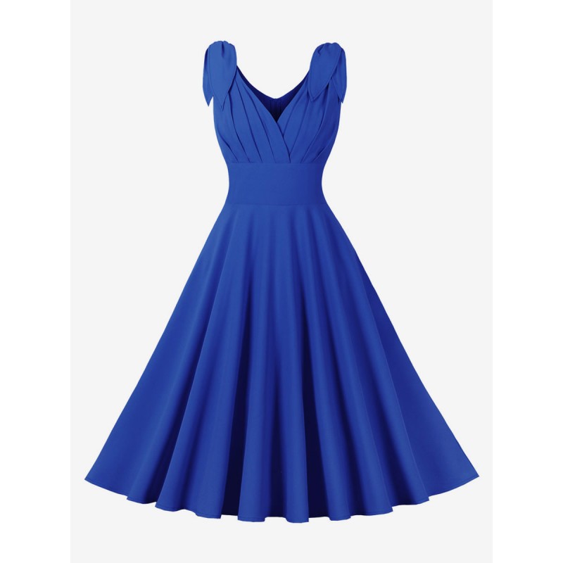 Vintage Dress 1950s Audrey Hepburn Style Blue Sleeveless V-Neck Swing Dress Bodycon Summer