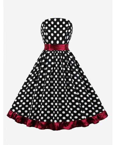 Women Dress 1950s Audrey Hepburn Style Black Polka Dot Lace Up Sleeveless Strapless Swing Dress Vintage Daily Casual Party