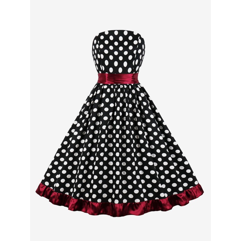 Women Dress 1950s Audrey Hepburn Style Black Polka Dot Lace Up Sleeveless Strapless Swing Dress Vintage Daily Casual Party