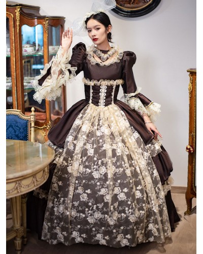 Women Deep Brown Retro Costumes Lace Polyester Headwear 's Marie Antoinette Costume Masquerade Ball Gown Tunic Vintage Royal