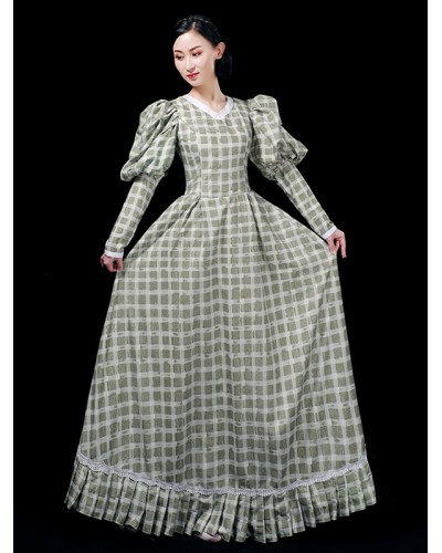 Sage Costumes Polyester Green Plaid Dress Marie Antoinette Costume Vintage Clothing Retro Euro-Style Holiday Ball