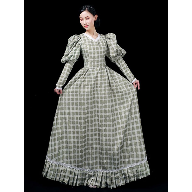 Sage Costumes Polyester Green Plaid Dress Marie Antoinette Costume Vintage Clothing Retro Euro-Style Holiday Ball