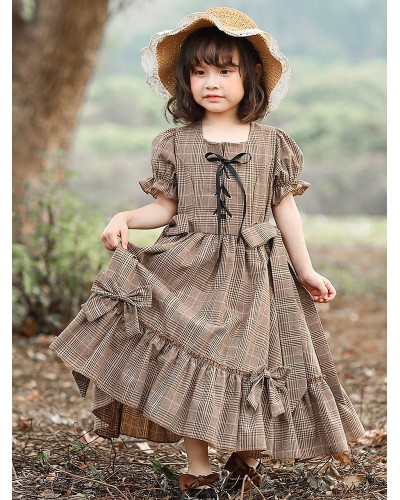 Kids Carnival Cosplay Costumes Plaid Cotton Dress with Headwear For Child