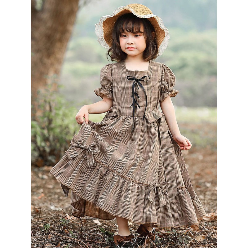 Kids Carnival Cosplay Costumes Plaid Cotton Dress with Headwear For Child