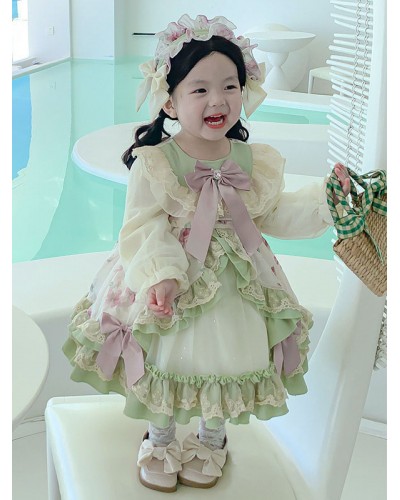 Polyester Daily Casual Lace Long Sleeves Polyester Summer Dress Floral Print Style Green Kids' Lolita Dresses Sweet ROCOCO