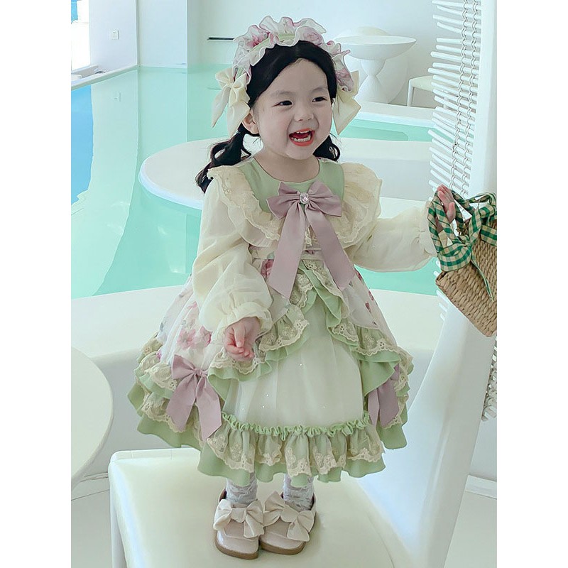 Polyester Daily Casual Lace Long Sleeves Polyester Summer Dress Floral Print Style Green Kids' Lolita Dresses Sweet ROCOCO