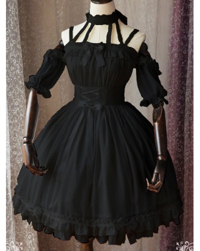 Gothic Lolita OP One Piece Dress Magic Tea Party Ruffles Bows Printed Chiffon Short Sleeve Black Lolita Dresses