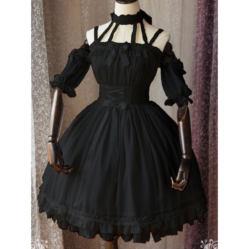 Gothic Lolita OP One Piece Dress Magic Tea Party Ruffles Bows Printed Chiffon Short Sleeve Black Lolita Dresses