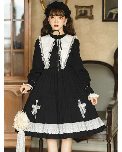 Gothic Lolita OP Dress Long Sleeve Bows Floral Print Pattern Cotton Black Lolita One Piece Dress