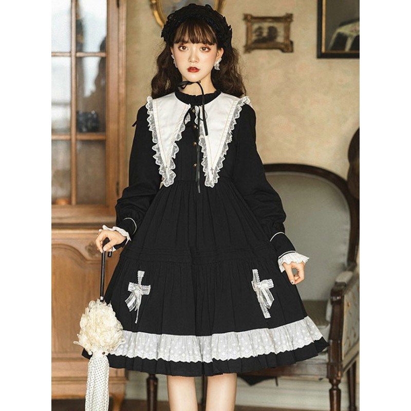 Gothic Lolita OP Dress Long Sleeve Bows Floral Print Pattern Cotton Black Lolita One Piece Dress