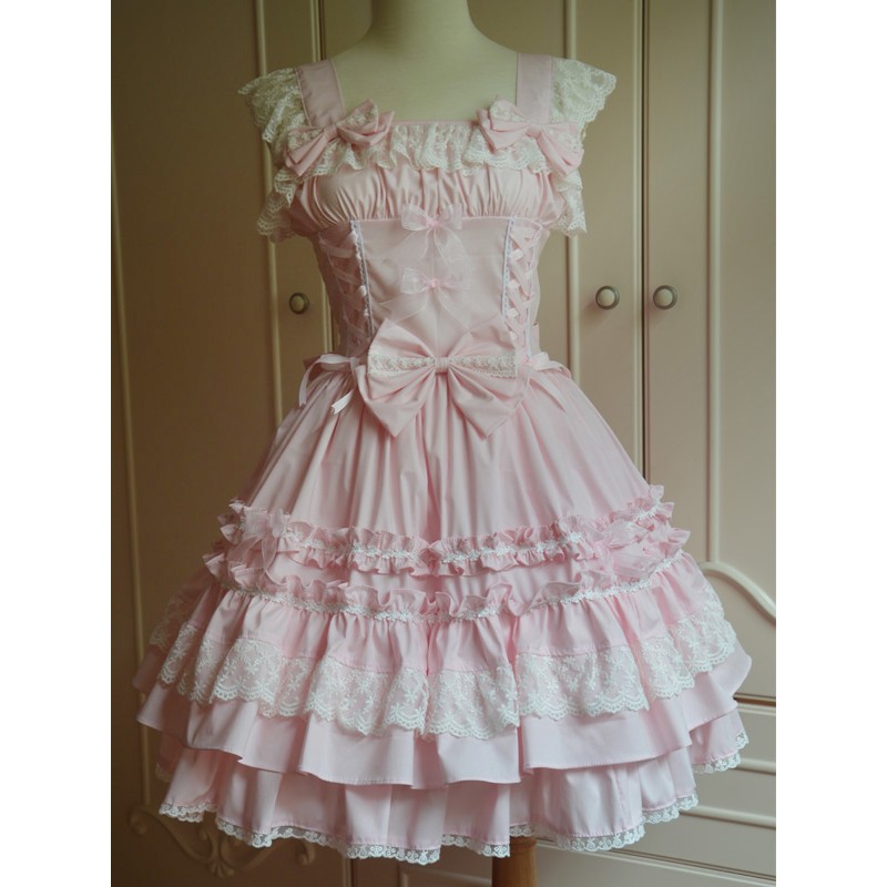 Light Pink Cotton Lolita Jumper Skirt Lace Trim Lace Up Ruffles Sweet Summer Daily Casual Tea Party