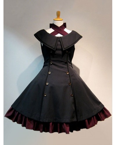 Gothic Lolita JSK Jumper Skirt Military Style Sleeveless Ruffles Double Breasted Black Lolita Dresses