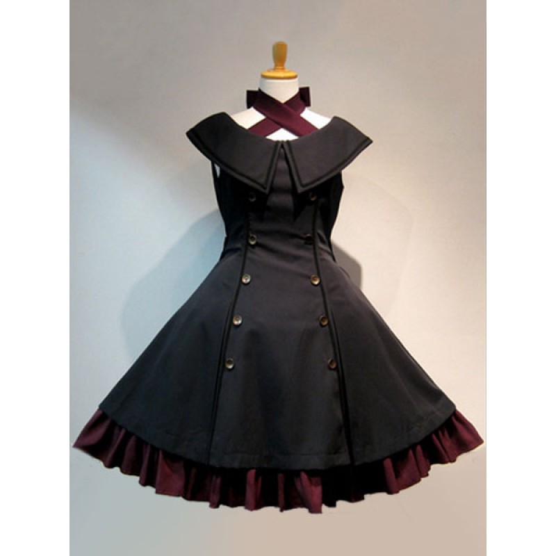 Gothic Lolita JSK Jumper Skirt Military Style Sleeveless Ruffles Double Breasted Black Lolita Dresses