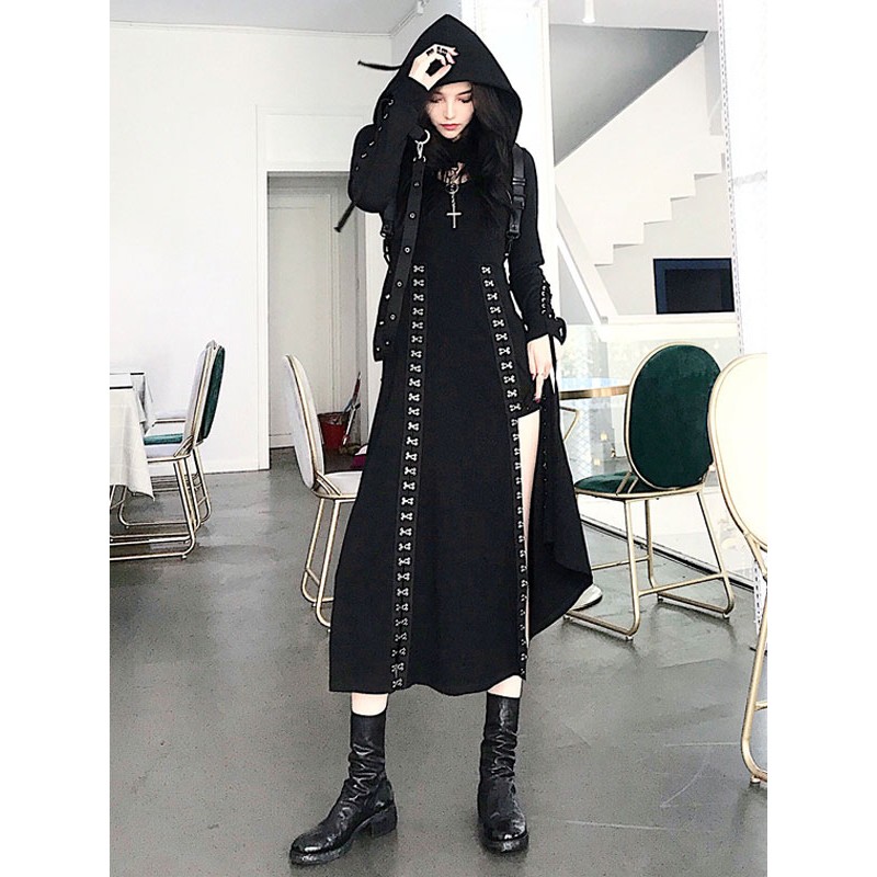 Gothic Lolita Cardigan Black Polyester Metallic Pattern Long Sleeves Hooded Overcoat Steampunk