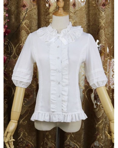 Sweet Lolita Shirt Lace Ruffle Bow Chiffon White Half Sleeve Lolita Blouse Spring Summer