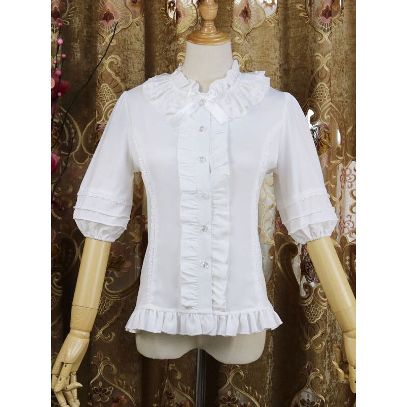 Sweet Lolita Shirt Lace Ruffle Bow Chiffon White Half Sleeve Lolita Blouse Spring Summer