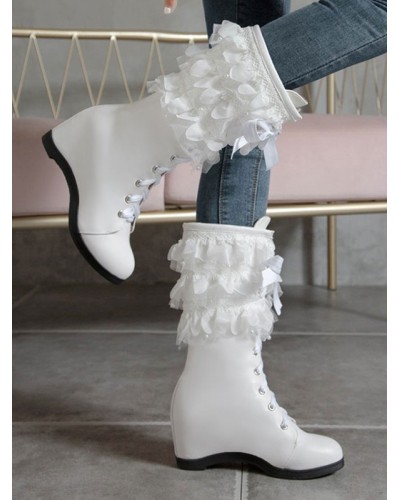 Lolita Boots Hidden Heel Lace Up Round Toe Leather Lolita Footwear