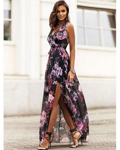 Dress V-Neck Sleeveless Chiffon Floral Print High-slit Floor Length Dress Maxi Summer