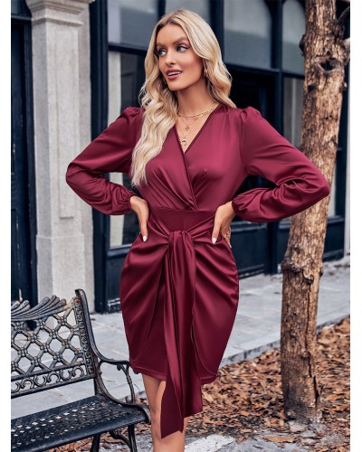 Women Dresses Burgundy Long Sleeves Casual V-Neck Midi Dress Bodycon Spring Fall