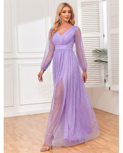 Women Party Dresses Violet V-Neck Sequins Pleated Semi Formal Dress Maxi Spring Fall Winter