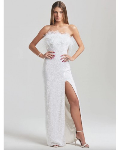 Feather Dresses White Sleeveless High-slit Semi Formal Prom Dress Bodycon Party Birthday