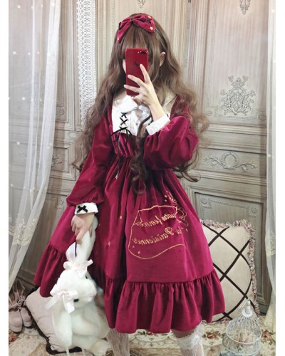 Lolita OP Dress Buttons Ruffles Stars Print Long Sleeves Lolita One Piece Dresses Gothic Spring Fall Daily Casual