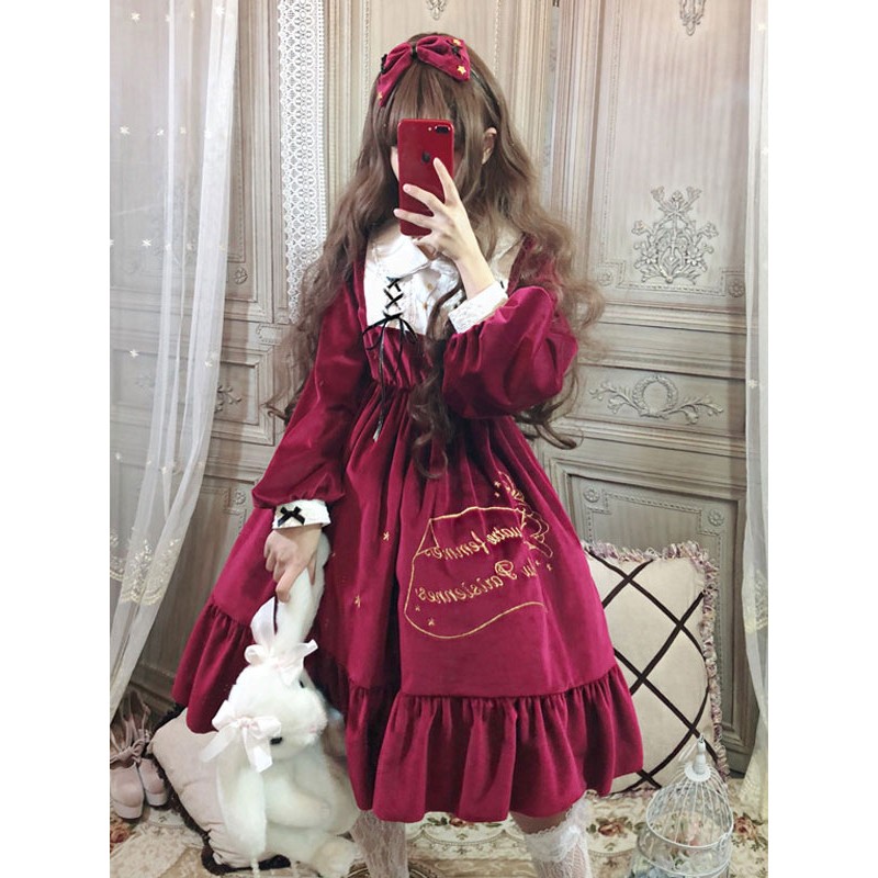 Lolita OP Dress Buttons Ruffles Stars Print Long Sleeves Lolita One Piece Dresses Gothic Spring Fall Daily Casual