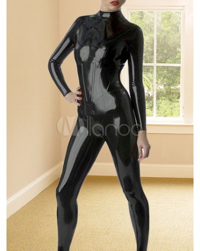 Halloween Black Latex Catsuit Corset Style Catwoman Halloween Bodysuit