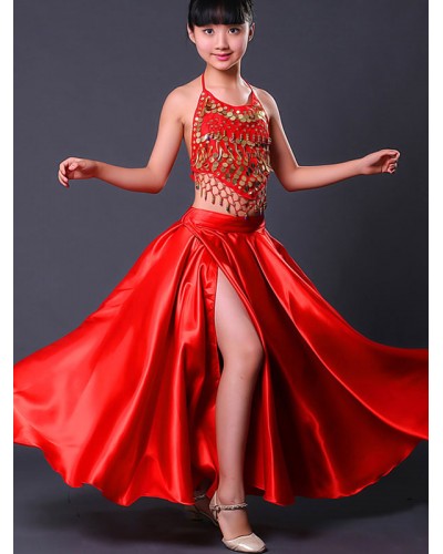 Girls Kids Belly Dance Costumes Red Split Flamenco Dress Paso Doble Costumes Spanish Skirt For Carnival