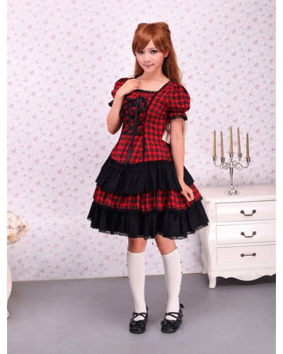 Cotton Red Black Gingham Loltia OP Dress Short Sleeves Lace Up Summer Tea Party