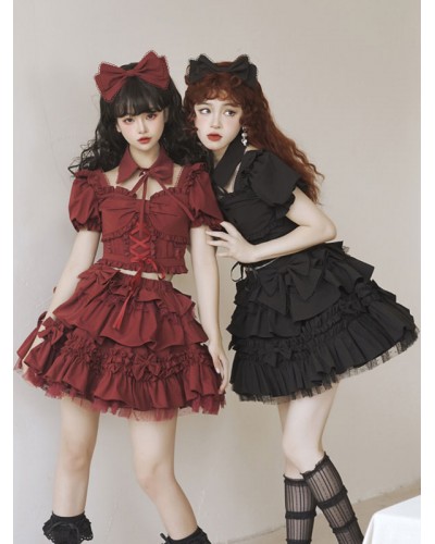 Lolita Outfits Burgundy Bows Ruffles Short Sleeves Skirt Top Gothic