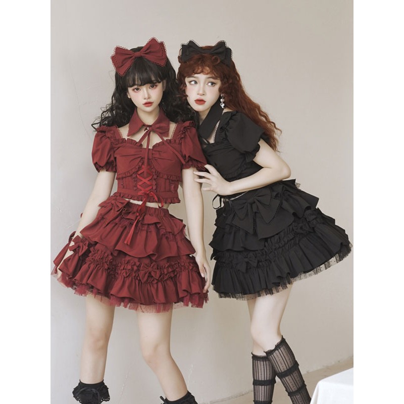 Lolita Outfits Burgundy Bows Ruffles Short Sleeves Skirt Top Gothic