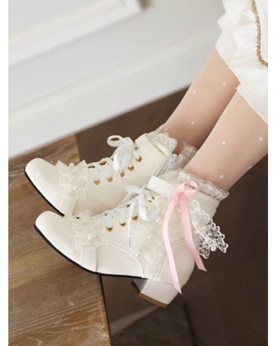 Lolita PU Leather Pearls Lace Round Toe White Lolita Footwear Boots Sweet