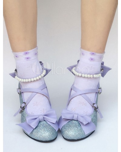 Sweet Lolita Shoes Lilac Glitter Pearl Bow Cross Front Heeled Lolita Pumps