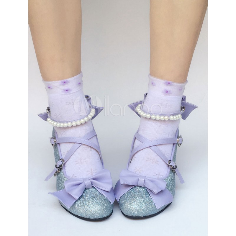 Sweet Lolita Shoes Lilac Glitter Pearl Bow Cross Front Heeled Lolita Pumps