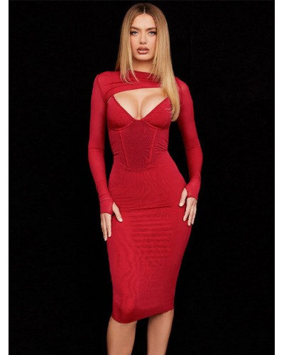 Birthday Bodycon Dresses Red Stretch Sexy Long Sleeves Pencil Dress Maxi Night Out Party Dating