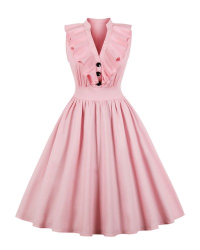 Pink Vintage Dress V Neck Ruffles Buttons Cotton Swing Summer Dress Daily Casual