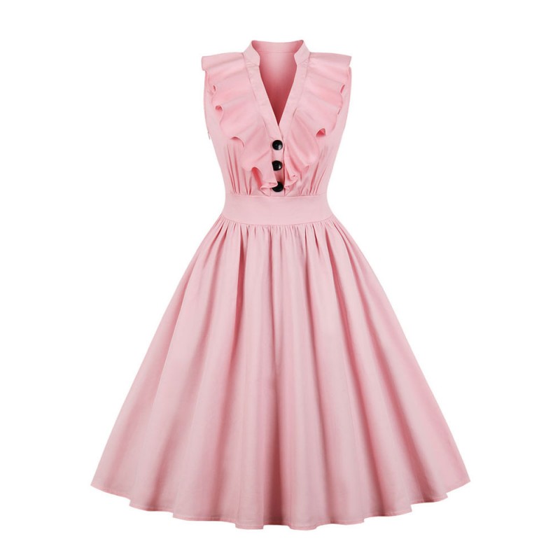 Pink Vintage Dress V Neck Ruffles Buttons Cotton Swing Summer Dress Daily Casual