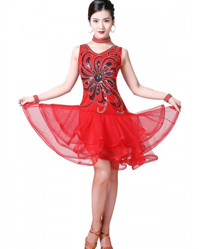 Dance Costumes Latin Dresses Sequins Flower Tiered Tulle Dancer Dancing Wear Outfit Carnival