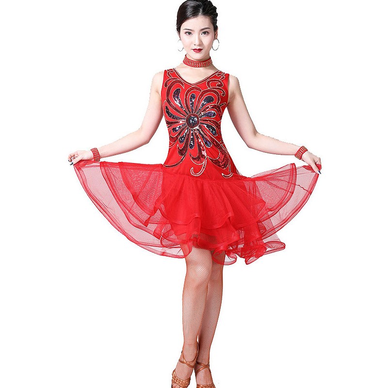 Dance Costumes Latin Dresses Sequins Flower Tiered Tulle Dancer Dancing Wear Outfit Carnival